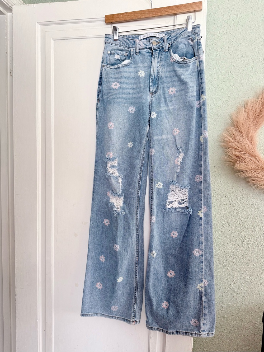 Tinseltown Light Blue Wide-Leg Jeans with Pink & White Floral Embroidery